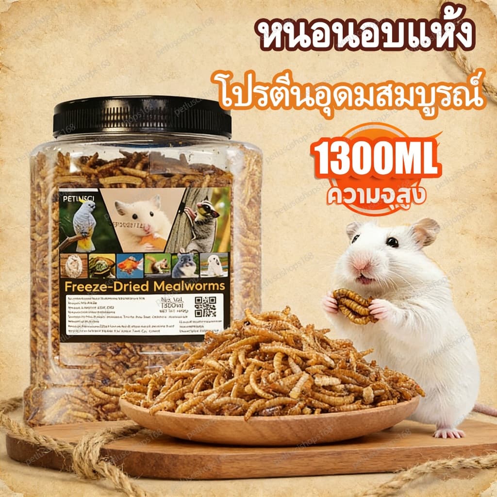 PETLUSCI® หนอนนกอบแห้ง 1300ML หนอนอาหาร หนอนอบแห้ง อาหารหนูแฮมเตอร์ hamster โปรตีนสูง อาหารนก เต่า รูปที่ 1