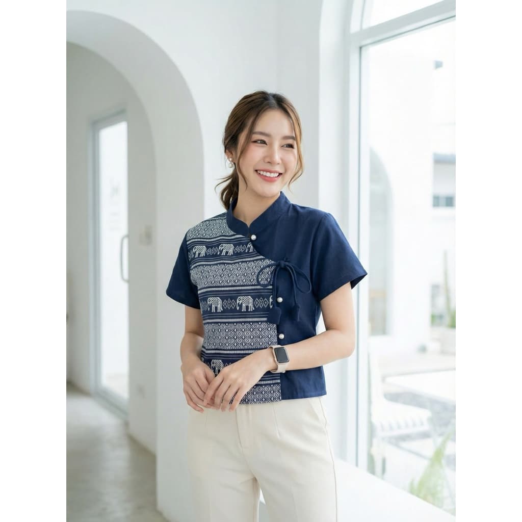 เสื้อพื้นเมืองผู้หญิงคอจีนผูกโบว์ ลายทูโทนแต่งผ้าลายช้าง รูปที่ 3