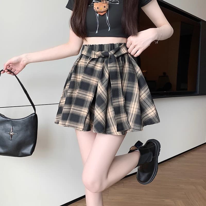 S~5XL Mini Plaid skirt สีน้ำตาล กระโปรงลายสก็อตเอวสูงสไตล์เกาหลีเรโทร กระโปรงสั้นทรงเอไลน์แบบไม่สมมาตรสุดเก๋ HOT รูปที่ 6