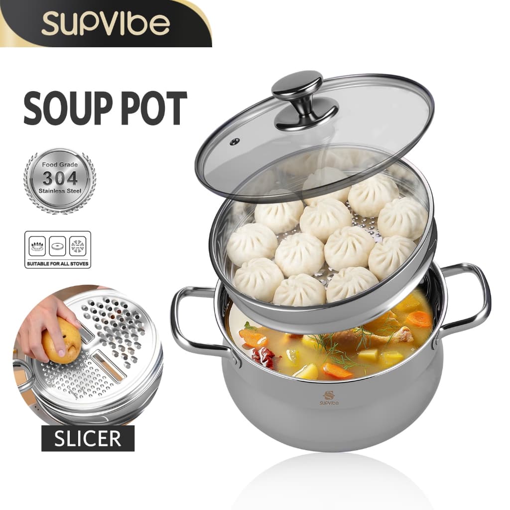 SUPVIBE หม้อซุปสแตนเลส 304 24CM พร้อมตะแกรงนึ่ง เครื่องนึ่งหั่นเป็นเส้นได้ กรงเดียวใช้ได้สองแบบ รูปที่ 1