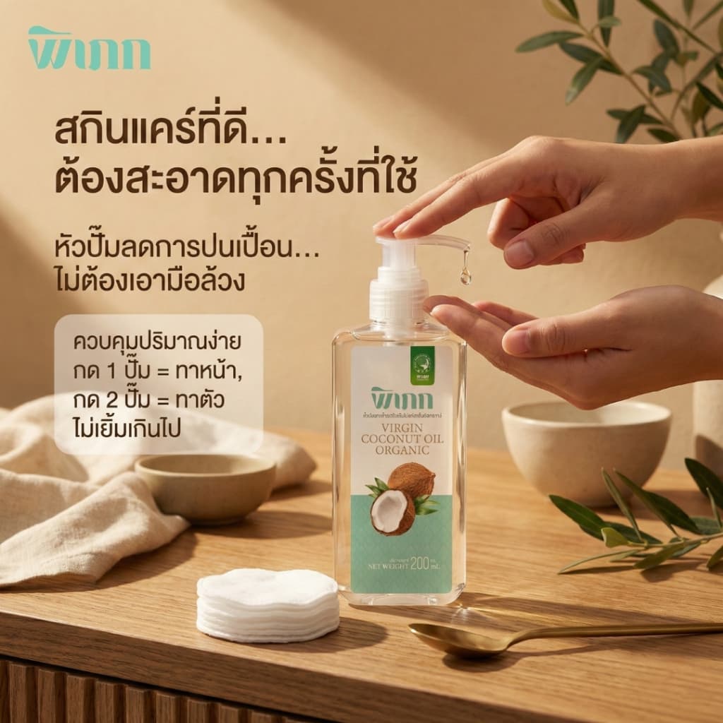 พิเภก น้ำมันมะพร้าวสกัดเย็น 200ml หัวปั๊ม ทาผิวแห้ง คนท้อง เช็ดเครื่องสำอาง หมักผม Organic รูปที่ 3