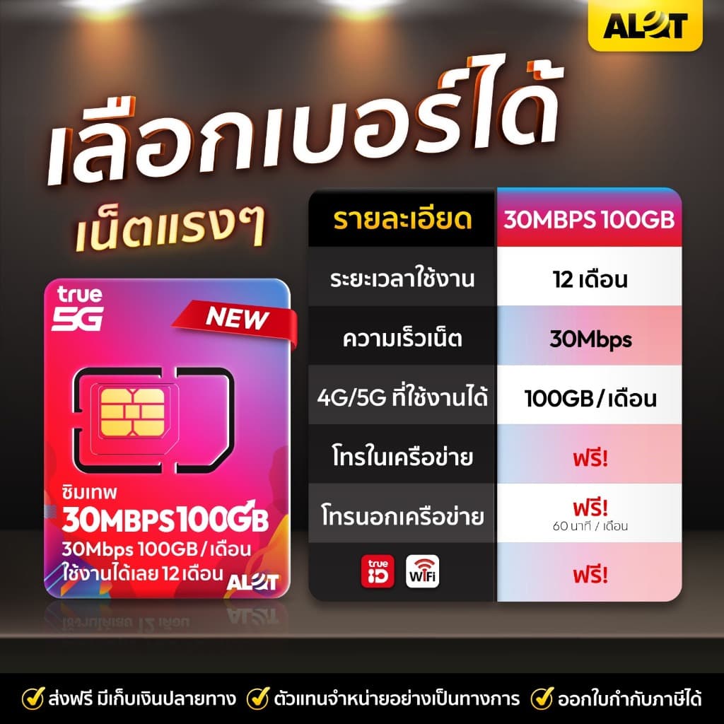 ซิมรายปี 100GB / เดือน ซิมเน็ต ทรู โทรฟรีทุกค่าย Sim เทพ 5G Alot รูปที่ 1