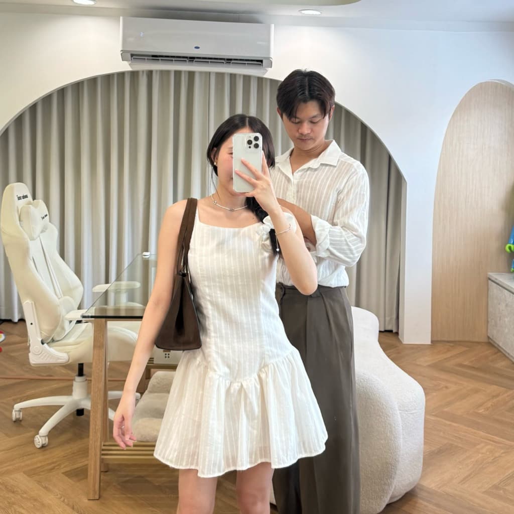2pcs - Couple Dobby Mini Dress เสื้อคู่มินิเดรส (มินิเดรส + เสื้อเชิ้ตผู้ชายแขนยาว ผ้าคอตตอนทอลาย) รูปที่ 5