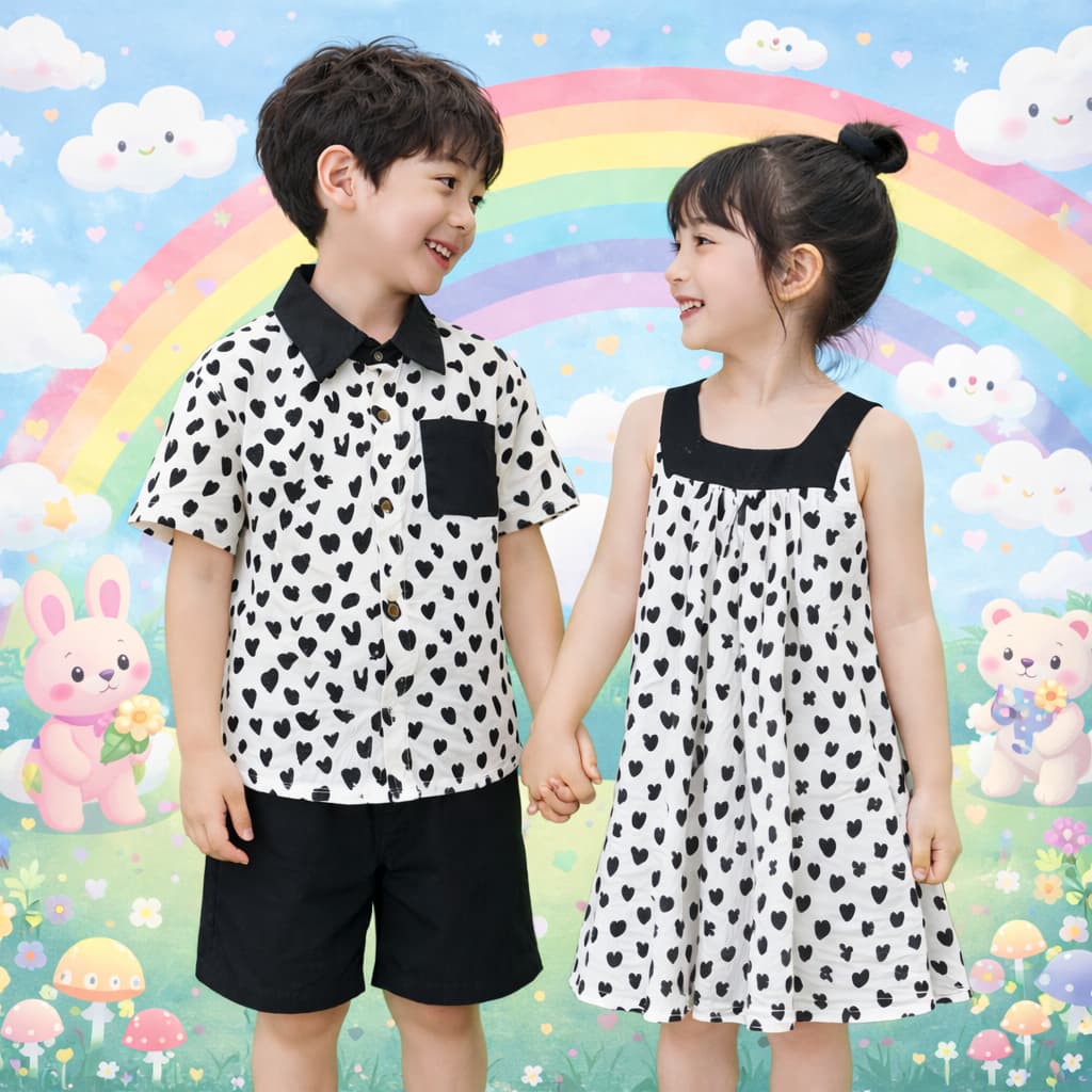 BB206 ชุดเด็กคู่ ชาย–หญิง ลายหัวใจ โทนขาวดำ น่ารัก ใส่คู่กัน รูปที่ 1