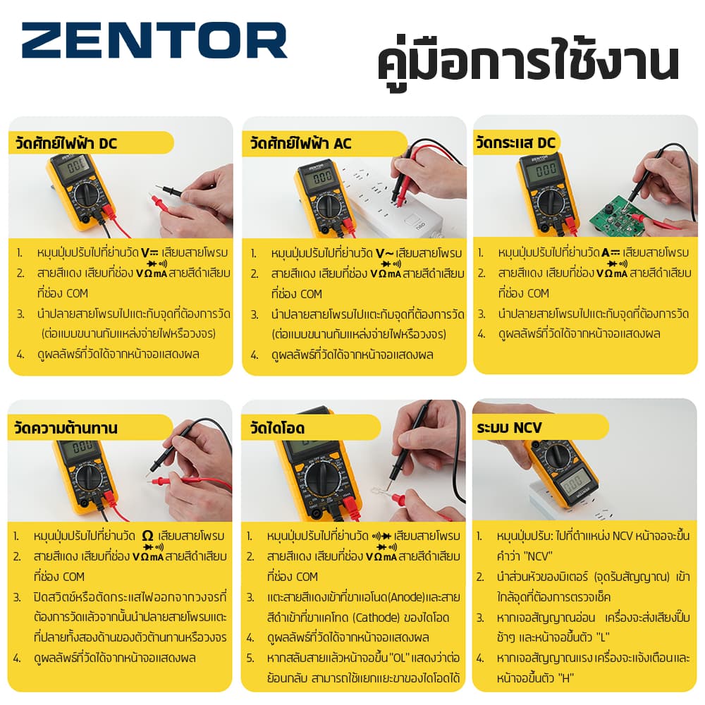 Zentor มัลติมิเตอร์ดิจิทัล มิเตอร์วัดไฟ เครื่องวัดไฟฟ้า AC/DC พร้อมระบบNCV ปลอดภัย แม่นยำ Multimeter รูปที่ 6