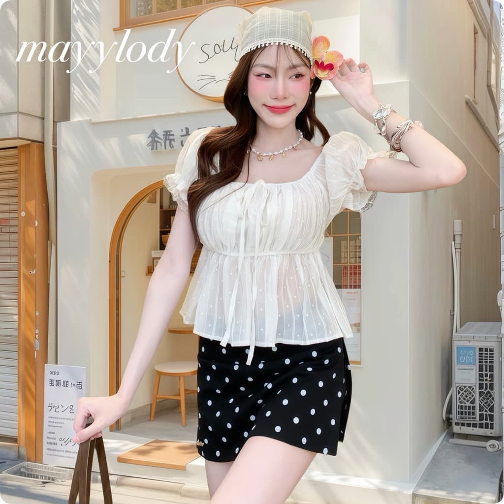 mayylody Pinky TOP เสื้อแขนตุ๊กตา แต่งระบายลูกไม้ ผ้าพิมพ์ลาย สุดฮิต ชุดไปทะเล ชุดไปคาเฟ่ รูปที่ 4