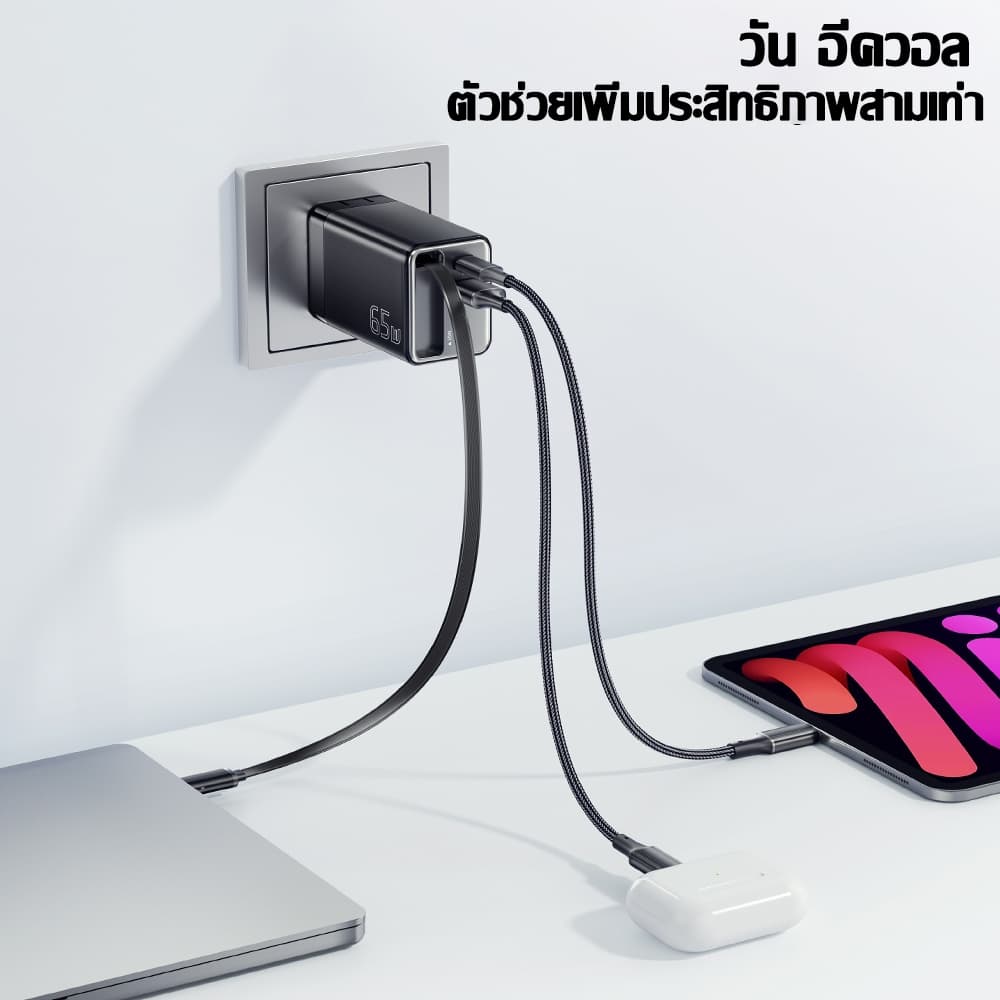 หัวชาร์จ 65W GaN USB A+C ชาร์จเร็ว พร้อมสายชาร์จพกพา ยืดได้ ชาร์จอุปกรณ์ 3 เครื่องพร้อมกัน จำเป็นสำหรับบ้านและการเดินทาง รูปที่ 3
