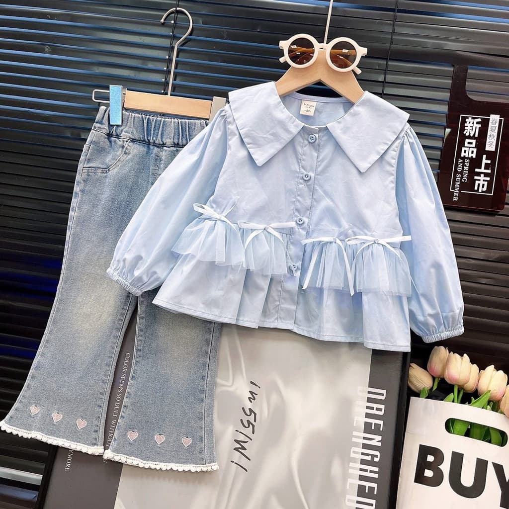 F-010 ชุดเซท2ชิ้น ชุดเด็กผู้หญิง เสื้อเชิ้ต + กางเกงยีนส์แท้ สไตล์เกาหลี รูปที่ 4