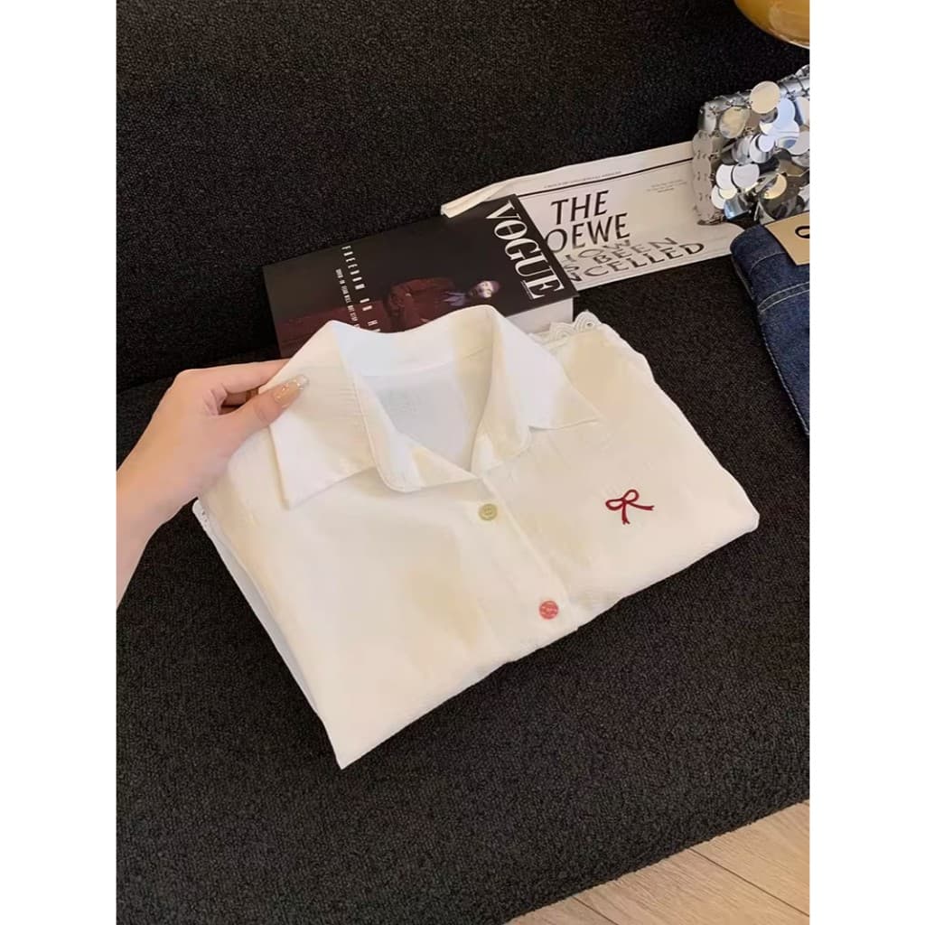 Red Berry เสื้อเชิ้ตแขนสั้นลายทางสีฟ้าสไตล์เกาหลีสำหรับผู้หญิง เสื้อฤดูร้อน เสื้อเชิ้ตลดอายุ W635 รูปที่ 5