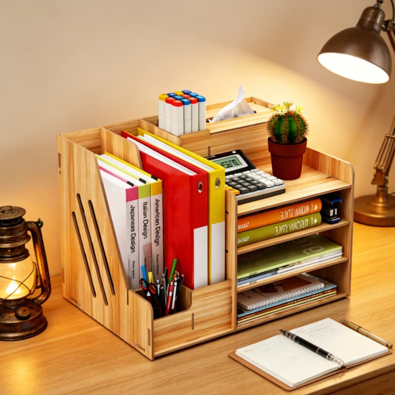 ชั้นวางเอกสารลายไม้ 4ชั้น จัดระเบียบโต๊ะ เก็บปากกา เครื่องเขียน Desk Organizer Wooden รูปที่ 5