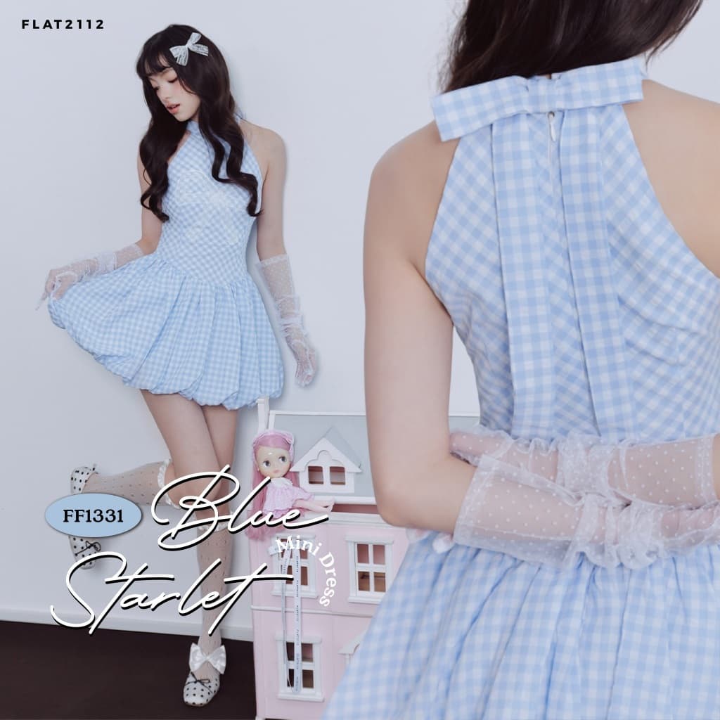 FLAT2112 : BLUE STARLET MINI DRESS เดรสสั้นลายสก็อตฟ้าขาว ลูกคุณหนูฝรั่งเศส ลุคสาวซัมเมอร์สดใส เดรสสั้นเข้ารูป รูปที่ 1