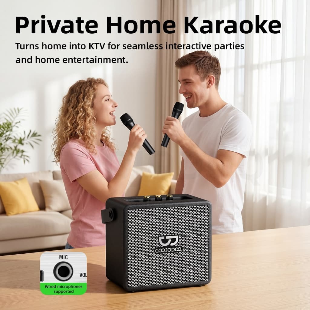 GOOJODOQ Wooden Karaoke Speaker TF/USB/AUX Supported Clear Full-range Sound Comes with Two Microphones รูปที่ 6