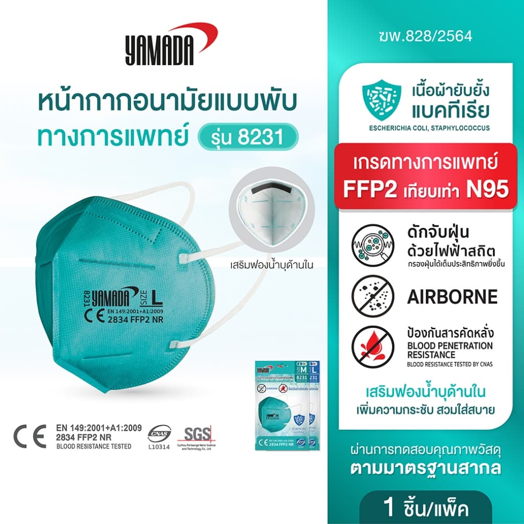 EXP 30.08.2026 หน้ากากอนามัย ป้องกันฝุ่นPM 2.5 ควันและกลิ่นไม่พึงประสงค์ยับยั้งแบคทีเรีย แบบพับ FFP2 รุ่น8231 Yamada รูปที่ 1