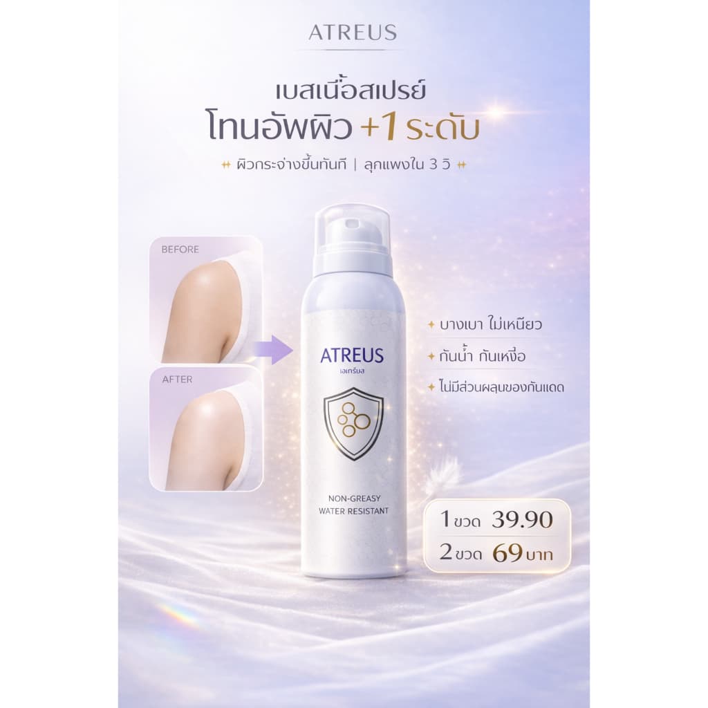 ATREUS สเปรย์เบสบอดี้ โทนอัพผิวกาย กันน้ำ กันเหงื่อ ไม่มีส่วนผสมของกันเเดด รูปที่ 1