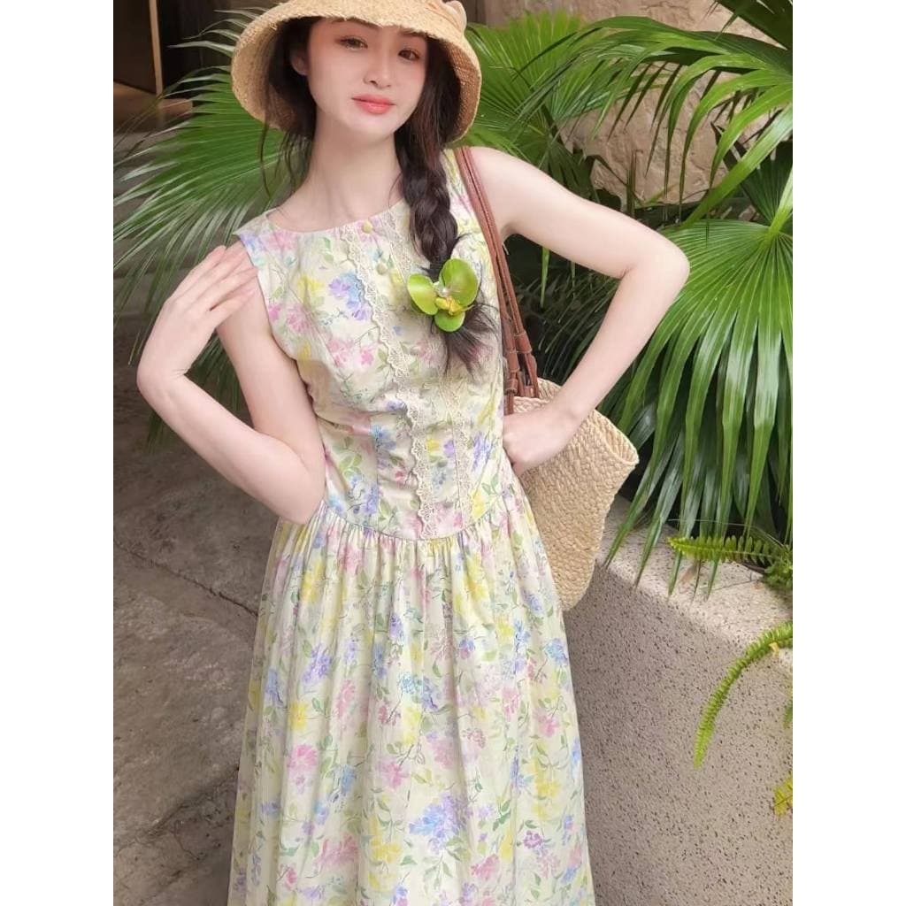ส่ง เดรสเสื้อกล้ามลายดอกไม้สีสันสดใส สไตล์ฝรั่งเศสชนบท ทรงรัดเอวผอมสง่างาม หลวมสบาย เหมาะท่องเที่ยวฤดูร้อน รูปที่ 9