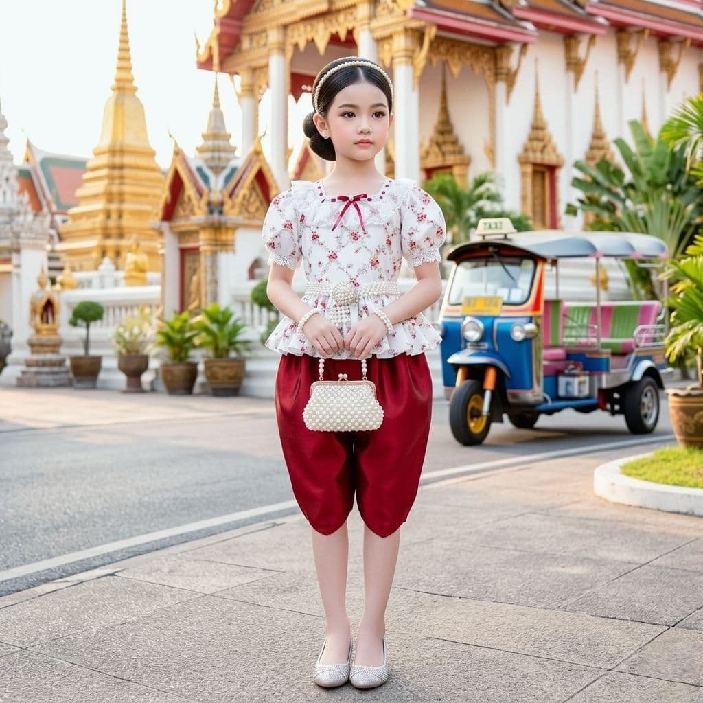 ชุดไทยเด็ก รุ่นโจงกระเบน+เสื้อแขนตุ๊กตาลายดอกไม้+สไบ รวม 3 ชิ้น ***ไม่รวมเครื่องประดับ*** รูปที่ 2