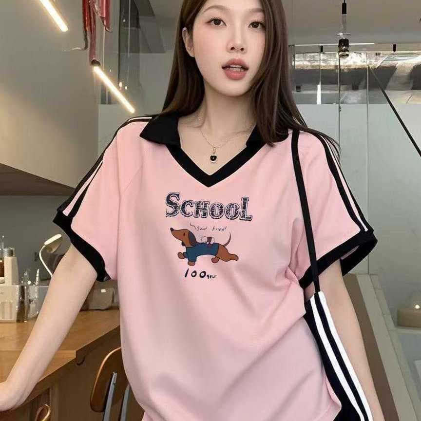 เสื้อปกทรงสเก็ตสวยๆผู้หญิงแฟชั่นมาใหม่ oversize เสื้อผ้าสาวอวบไซส์ใหญ่น่ารัก เสื้อยืดคอวีทรงหลวมสไตล์เกาหลี preppy style รูปที่ 8