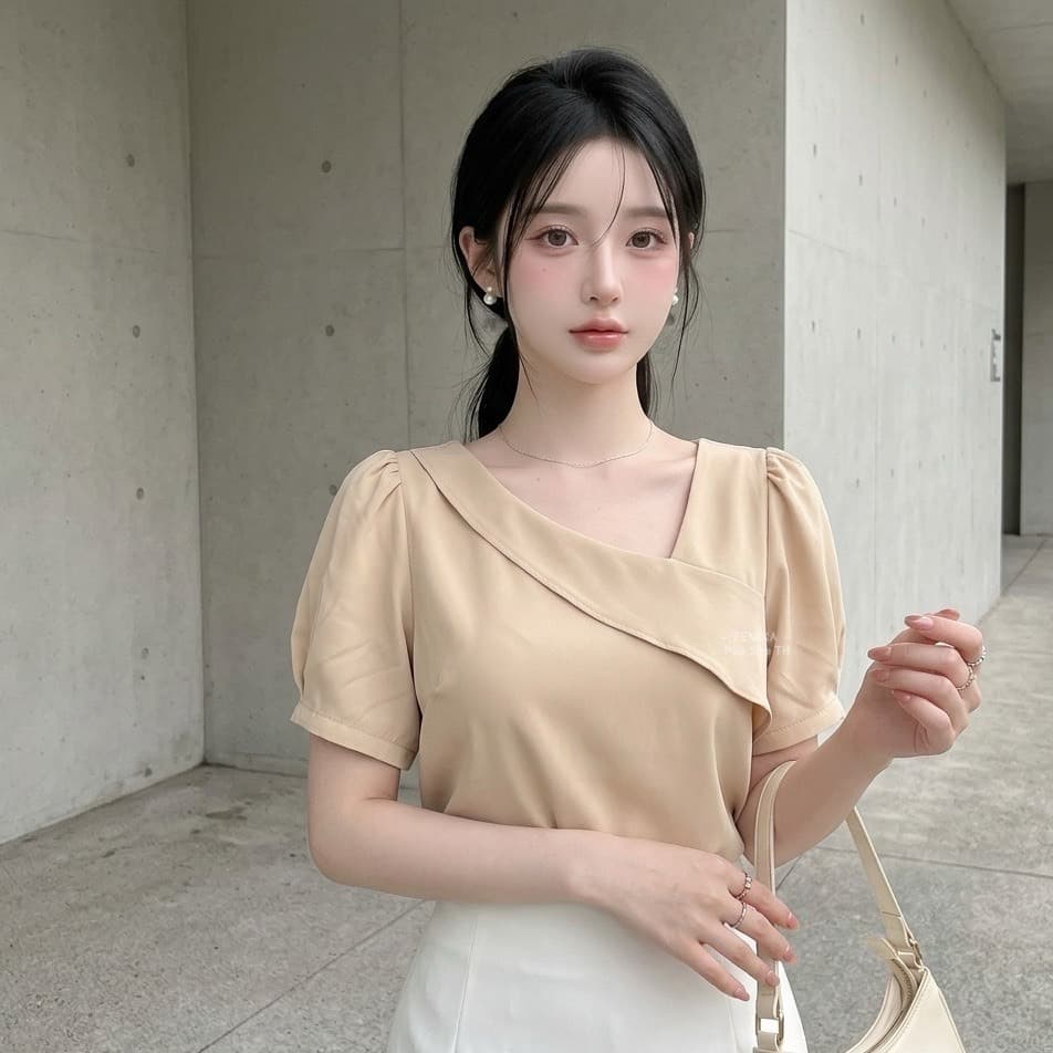 C24 เสื้อสาวอวบดีไซน์คอป้ายปาดเฉียง แขนตุ๊กตา อก 32-62 นิ้ว สำหรับสาวไซส์ใหญ่ ลุคเรียบหรู ใส่ทำงานได้ รูปที่ 5