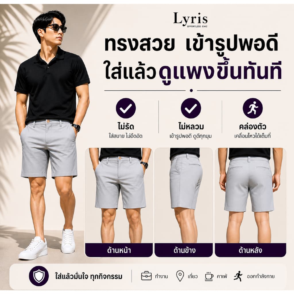 Lyris กางเกงขาสั้นผู้ชาย สีเทา 17 นิ้ว Classic Fit ใส่แล้วดูดีขึ้นทันที ไม่รัด ใส่สบาย ทุกลุค รูปที่ 2