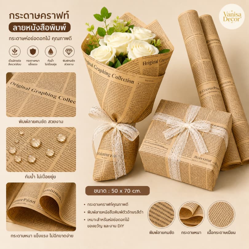 กระดาษคราฟท์ ลายหนังสือพิมพ์ ตัวหนังสือสีดำ คุณภาพดี กระดาษ ห่อของขวัญ ช่อดอกไม้ กระดาษห่อช่อดอกไม้ รูปที่ 1