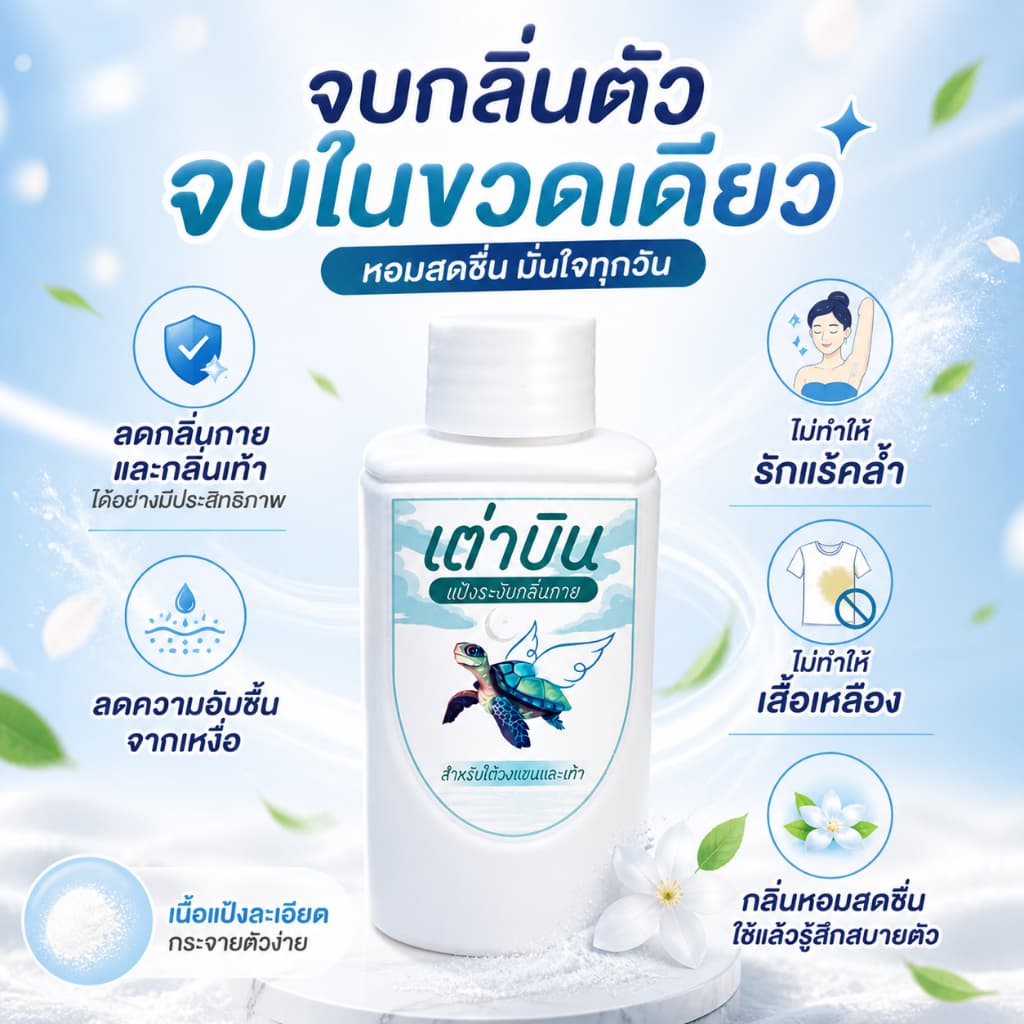 แป้งเต่าบิน Sport | เท้า+รักแร้ไม่เหม็น ลดกลิ่นอับ ลดแบคทีเรีย เย็นสดชื่น มั่นใจทุกกิจกรรม 20 กรัม รูปที่ 7