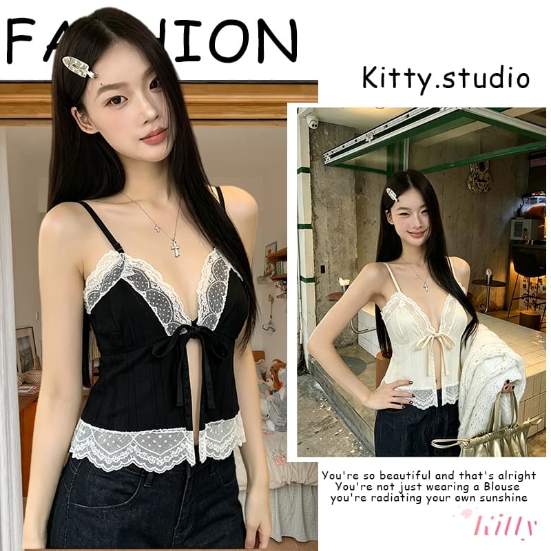 Kitty ขอบลูกไม้ เว้าหน้าอกเปิดหลัง เสื้อเซ็กซี่ผู้หญิง เสื้อเกาะอกผู้หญิง เสื้อสายเดี่ยวบาง สุดเซ็กซี่ รูปที่ 1