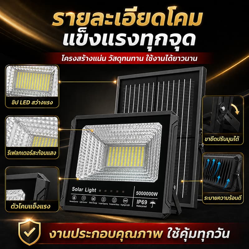 ไฟโซล่าเซลล์ 5000000W โซล่าเซลล์ กันน้ำ กันฟ้าผ่า Solar Light สว่างอัตโนมัติเมื่อฟ้ามื รูปที่ 7