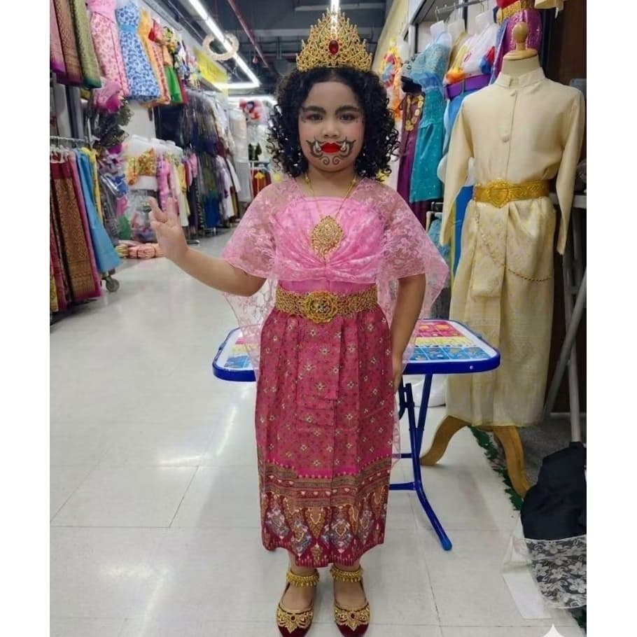 ชุดไทยนางยักษ์เด็ก ชุดนางผีเสื้อสมุทร ชุดวันภาษาไทย ชุดตัวละครในวรรณคดี(ได้ผ้าถุง+เสื้อเกาะอก+สใบ+เข็มขัด+เข็มกลัด) รูปที่ 2
