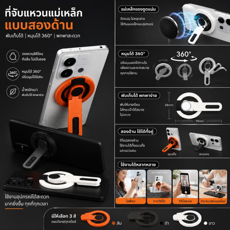 ที่วางโทรศัพท์แม่เหล็กสองด้าน แม่เหล็กแรงสูง Magnetic holderหมุน360° พับได้ พร้อมที่วางแหวนนิ้ว บางเฉียบ ที่ยึดแม่เหล็ก รูปที่ 2