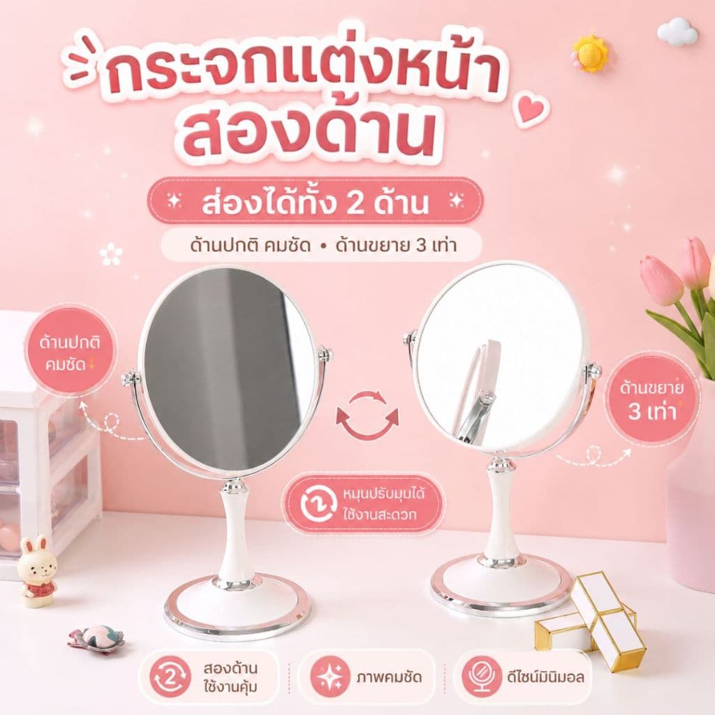 ส่งด่วน กระจกสไตล์เกาหลี 2หน้า แบบใหม่ กระจกมินิมอล กระจกแต่งหน้า ปรับองศาได้ รูปที่ 1