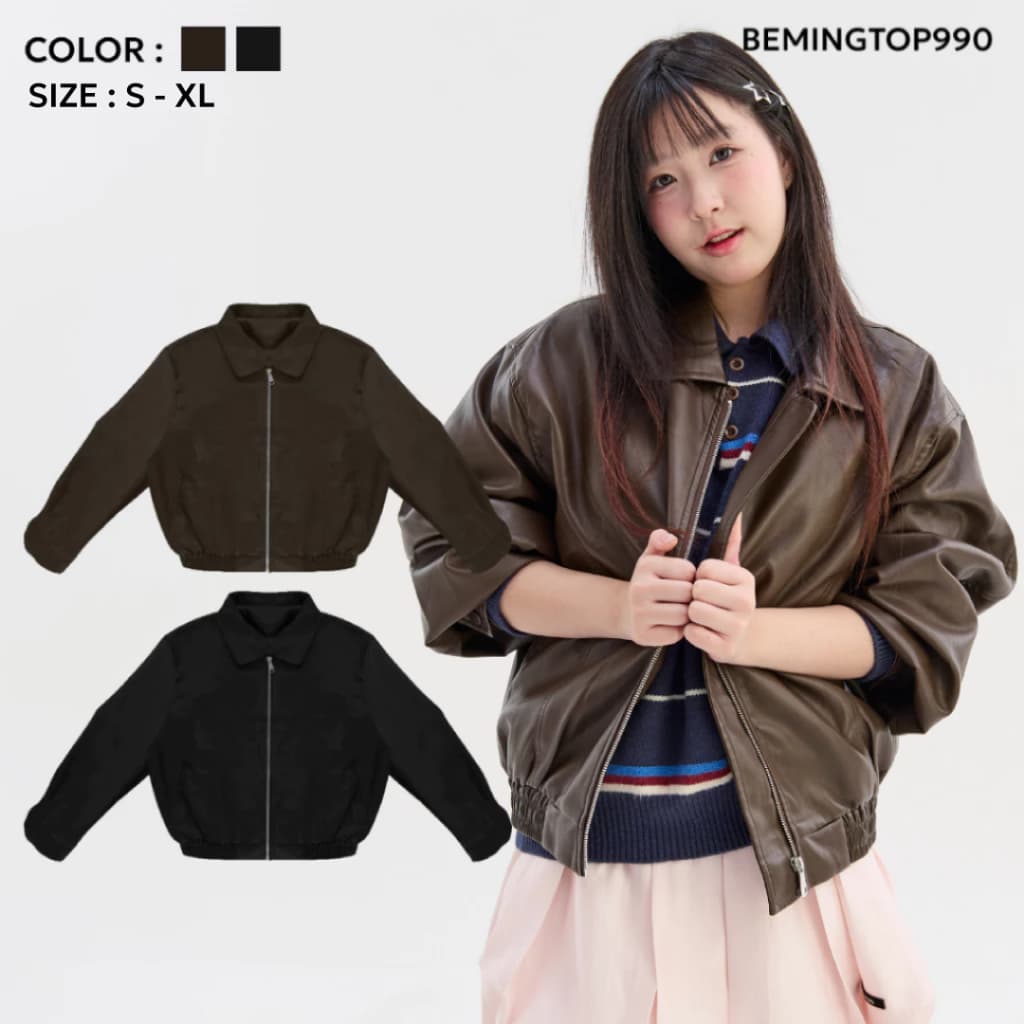 (พร้อมส่ง)Bemingtop990(S-XL)-BMG Zip Leather Jacket แจ็กเก็ตผ้าหนังซิปหน้า ดีไซน์เรียบ
