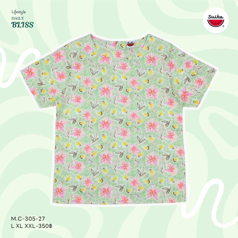 เสื้อแตงโม - เสื้อผ้าป่านมัสลิน คอปาดกระดุมหลัง 3 เม็ด แขนสั้น ลายดอกไม้ รูปที่ 6
