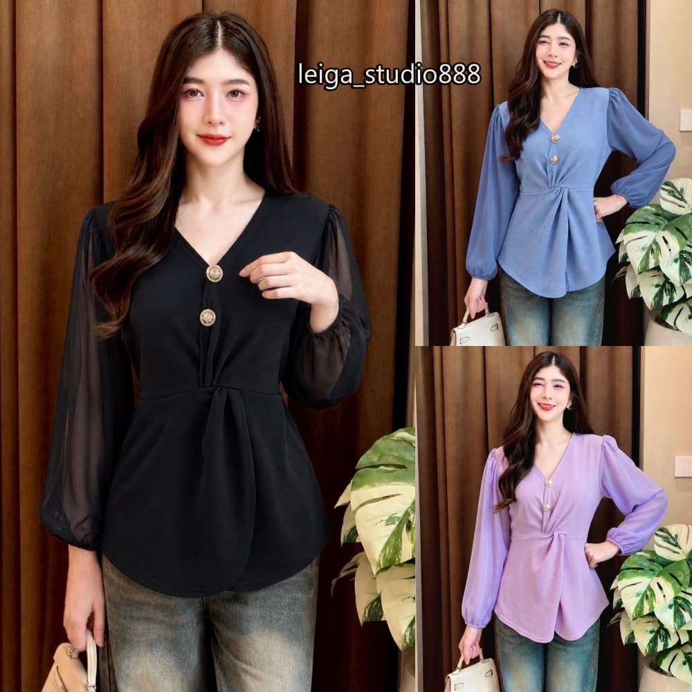 เสื้อแฟชั่น ผ้าวูลเวฟ แขนยาวผ้าซีฟอง อกไขว้เอวเกลียว แต่งกระดุมเมอแรง ผ่าหน้า สม็อคหลัง LG282 รูปที่ 1