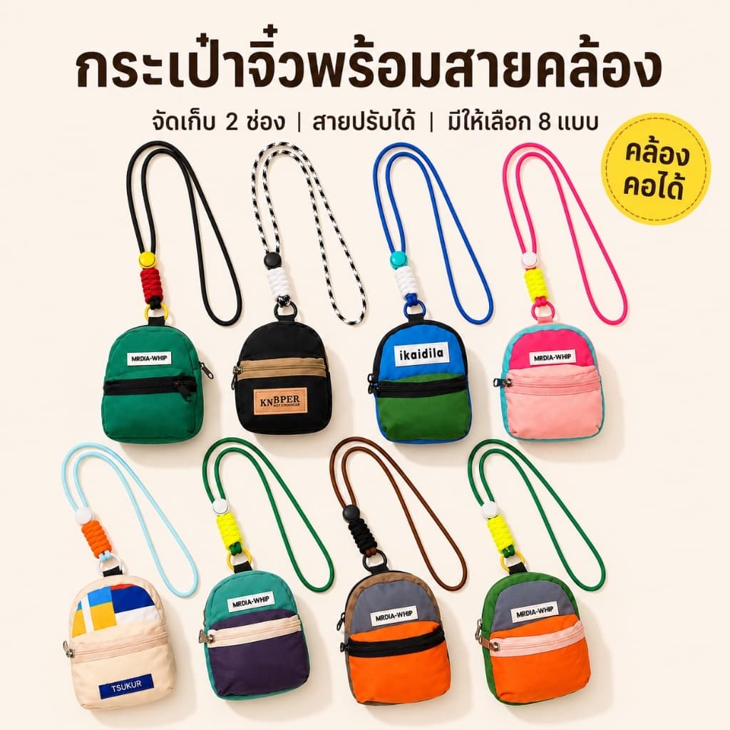 กระเป๋าจิ๋วคล้องคอ กระเป๋ามินิใส่เหรียญ ใส่กุญแจ หูฟัง ลิปสติก สายยาว 45 ซม. ปรับความยาวได้ มี 2 ช่อง หลายสีให้เลือก