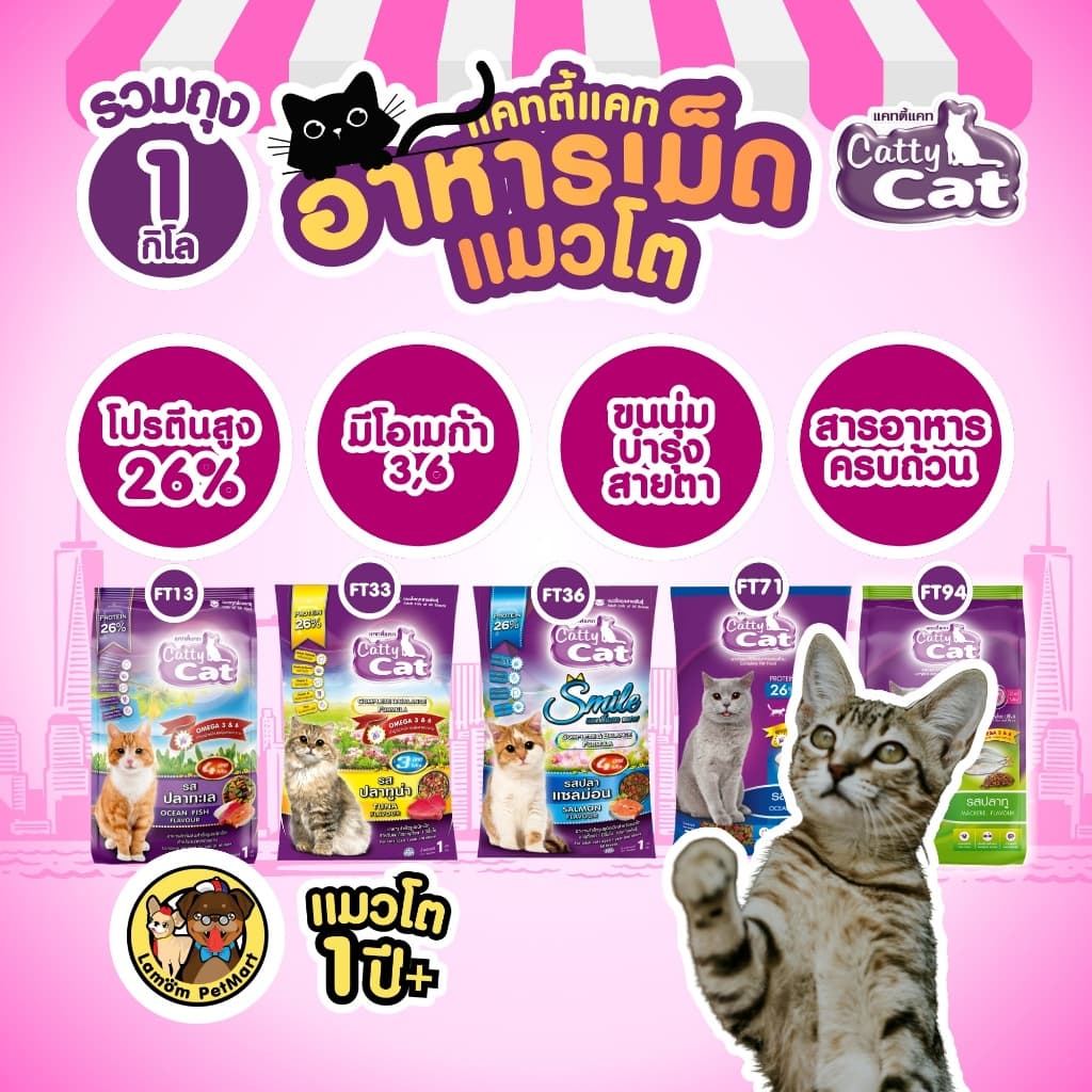 Catty Cat 4 MIX อาหารเม็ด รสปลาทะเล 1 KG. FT71 โปรตัร 26% มีโอเมก้า 3,6 ขนสวย รูปที่ 3