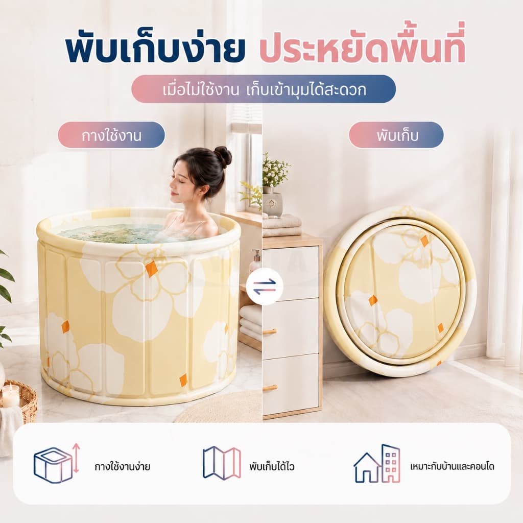 YIJIA อ่างอาบน้ำพับได้ 70x70x65 ซม. สำหรับผู้ใหญ่ อ่างแช่น้ำสปาในบ้าน พกพาง่าย ประหยัดพื้นที่ แข็งแรงปลอดภัย รูปที่ 7