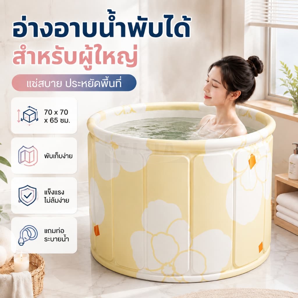 YIJIA อ่างอาบน้ำพับได้ 70x70x65 ซม. สำหรับผู้ใหญ่ อ่างแช่น้ำสปาในบ้าน พกพาง่าย ประหยัดพื้นที่ แข็งแรงปลอดภัย รูปที่ 5