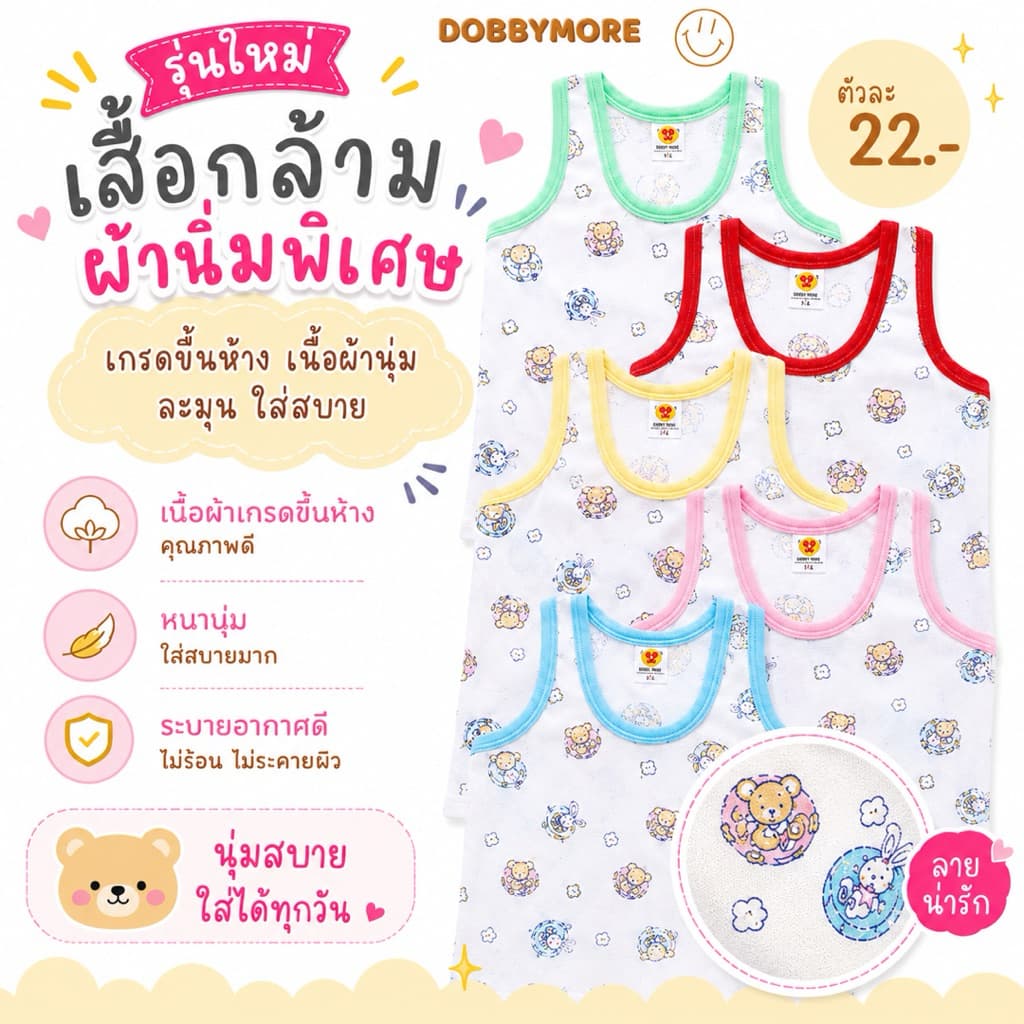 เสื้อกล้ามเด็ก รุ่นผ้านิ่มและผ้านิ่มพิเศษรุ่นใหม่ น่ารัก ใส่สบาย คุ้มสุด ถูกที่สุด เด็กแรกเกิด-1ปี เลือกสีได้ ลูกรัก รูปที่ 2