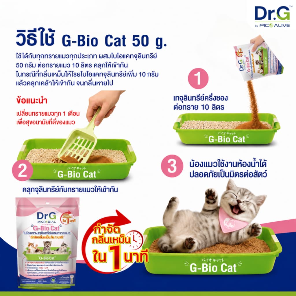 G-Bio Cat 50 g. ดับกลิ่นทรายแมว กำจัดกลิ่นเหม็นใน 1 นาที จุลินทรีย์ธรรมชาติปลอดภัยต่อสัตว์เลี้ยง รูปที่ 3