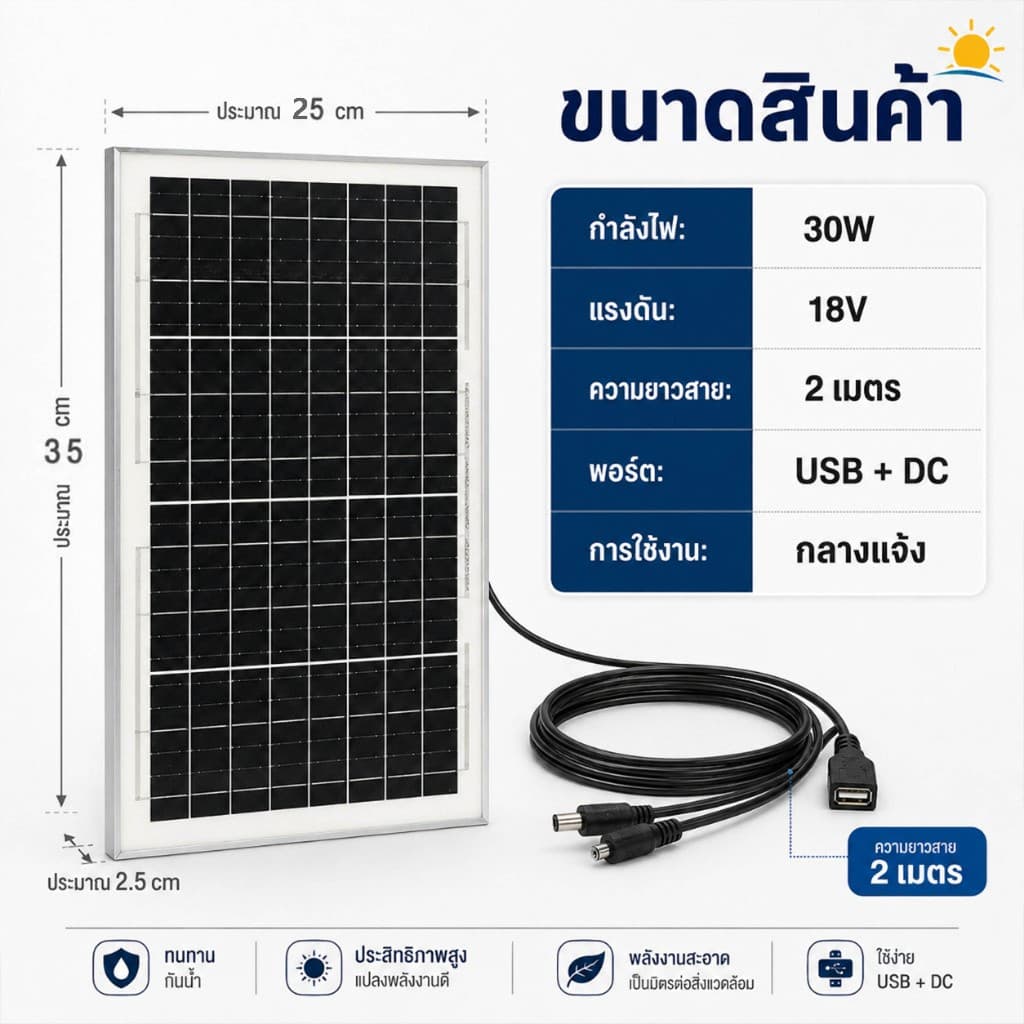 แผงโซล่าเซลล์ 30W 18V USB+DC สาย 2 เมตร ใช้งานกลางแจ้ง สำหรับไฟสนาม กล้องวงจรปิด พาวเวอร์แบงค์ รูปที่ 9