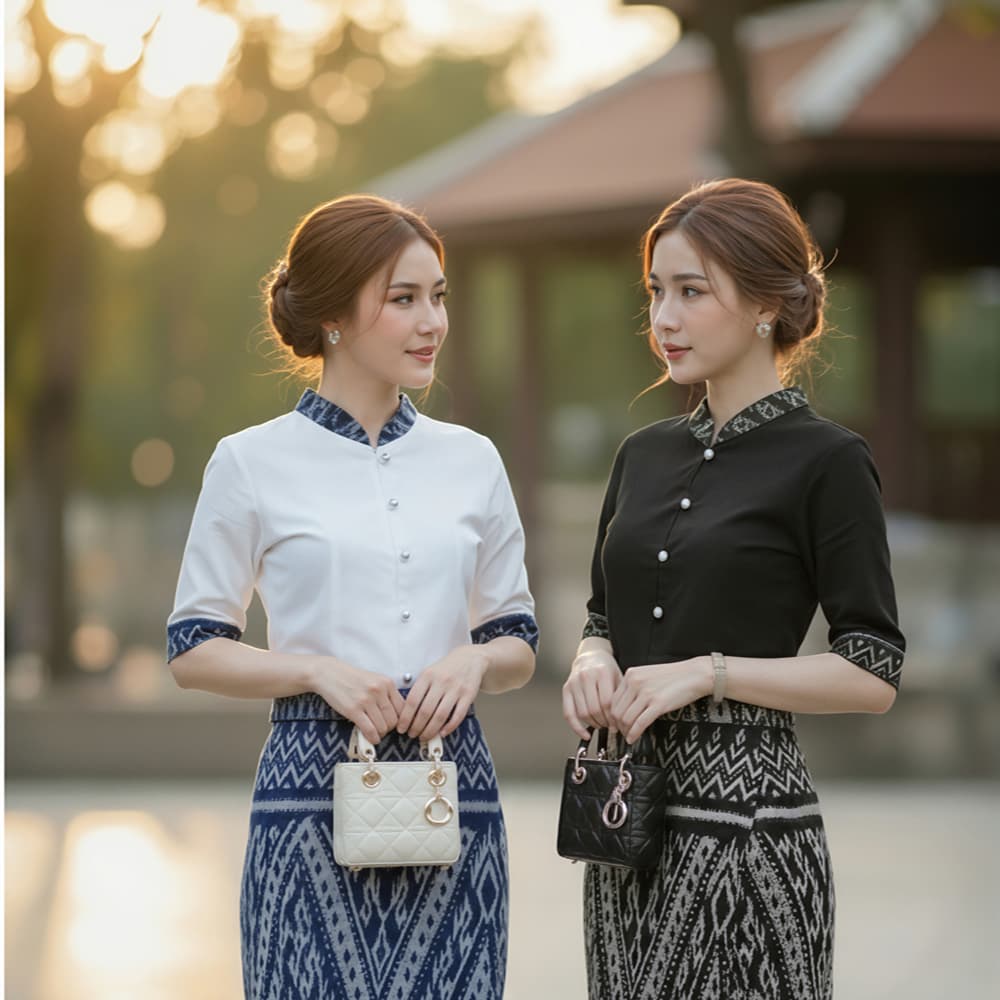 เสื้อพื้นเมืองผู้หญิงลายคราม ผ้าฝ้ายเกรดA เนื้อนุ่มใส่สบาย แถม!!ถุงใส่แก้วน้ำ