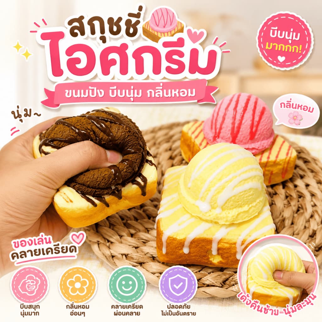 ส่งด่วน Squishy ไอศกรีมโทสต์ บีบคลายเครียด กลิ่นหอม คละสี1ชิ้นส่งจากไทย รูปที่ 1
