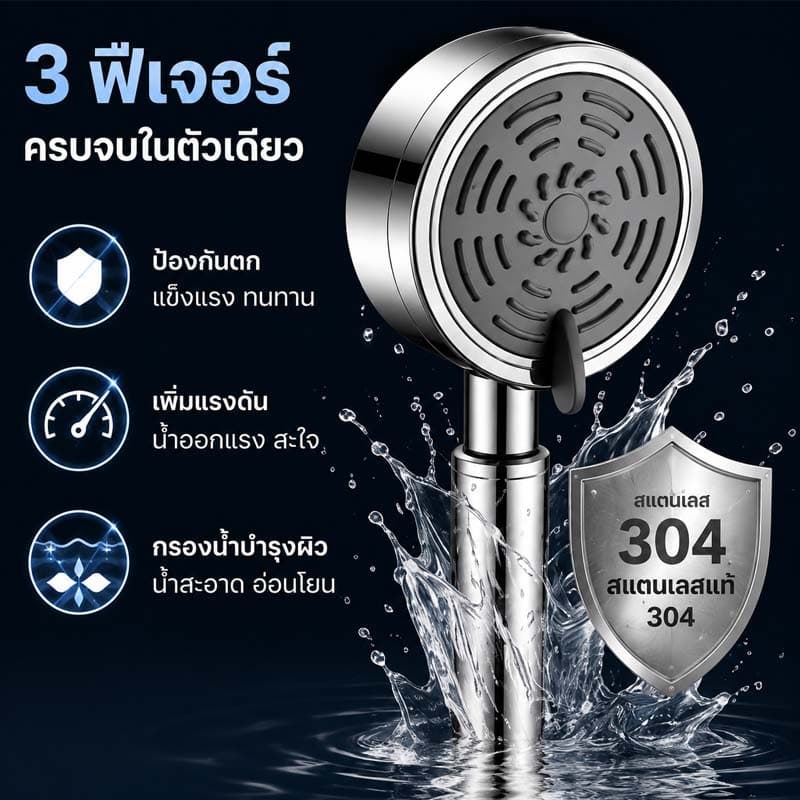 ชุดฝักบัว ฝักบัวอาบน้ำ ฝักบัวเพิ่มแรงดัน ฝักบัวแรงดันสูง ไม่ต้องเจาะผนัง กรองน้ำสะอาด 316 ไม่เป็นสนิม ติดตั้งง่าย รูปที่ 4