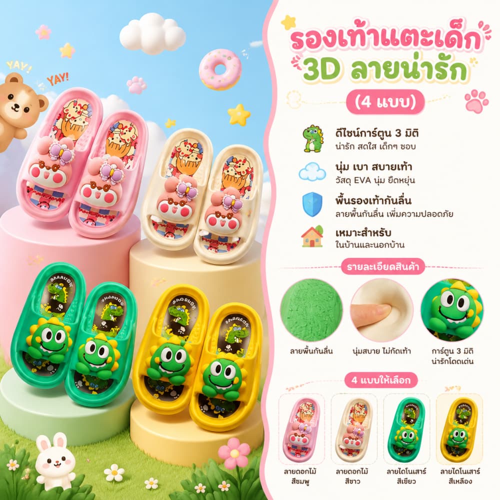 รองเท้าแตะเด็กไดโนเสาร์ การ์ตูนสไตล์น่ารัก มีความทนทาน และนุ่มพิเศษรองเท้าแตะกันลื่น รูปที่ 1