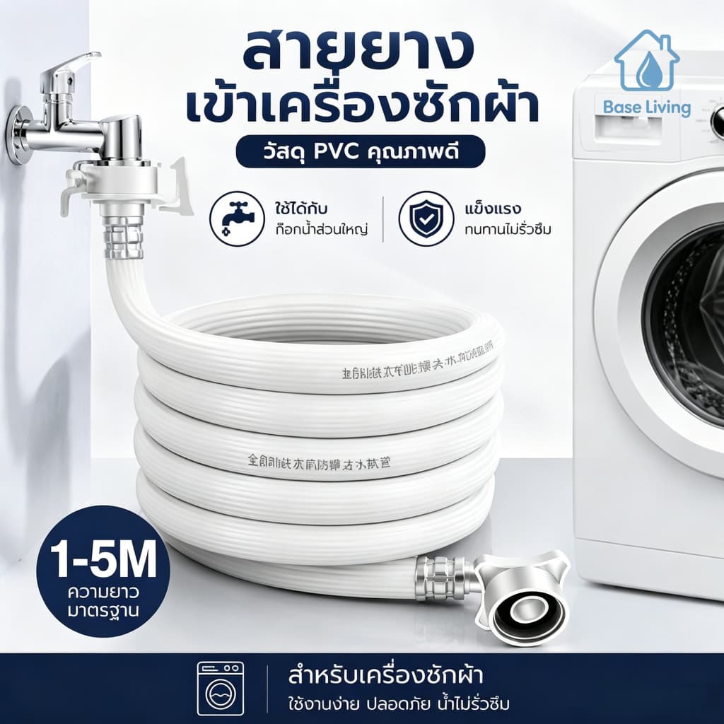 ท่อน้ำเข้าเครื่องซักผ้า PVC กันรั่วซึม ทนทาน ข้อต่อสากล ขนาด 1,1.5,2,3,5 เมตร ติดตั้งง่าย ใช้กับก๊อกทั่วไป รูปที่ 1
