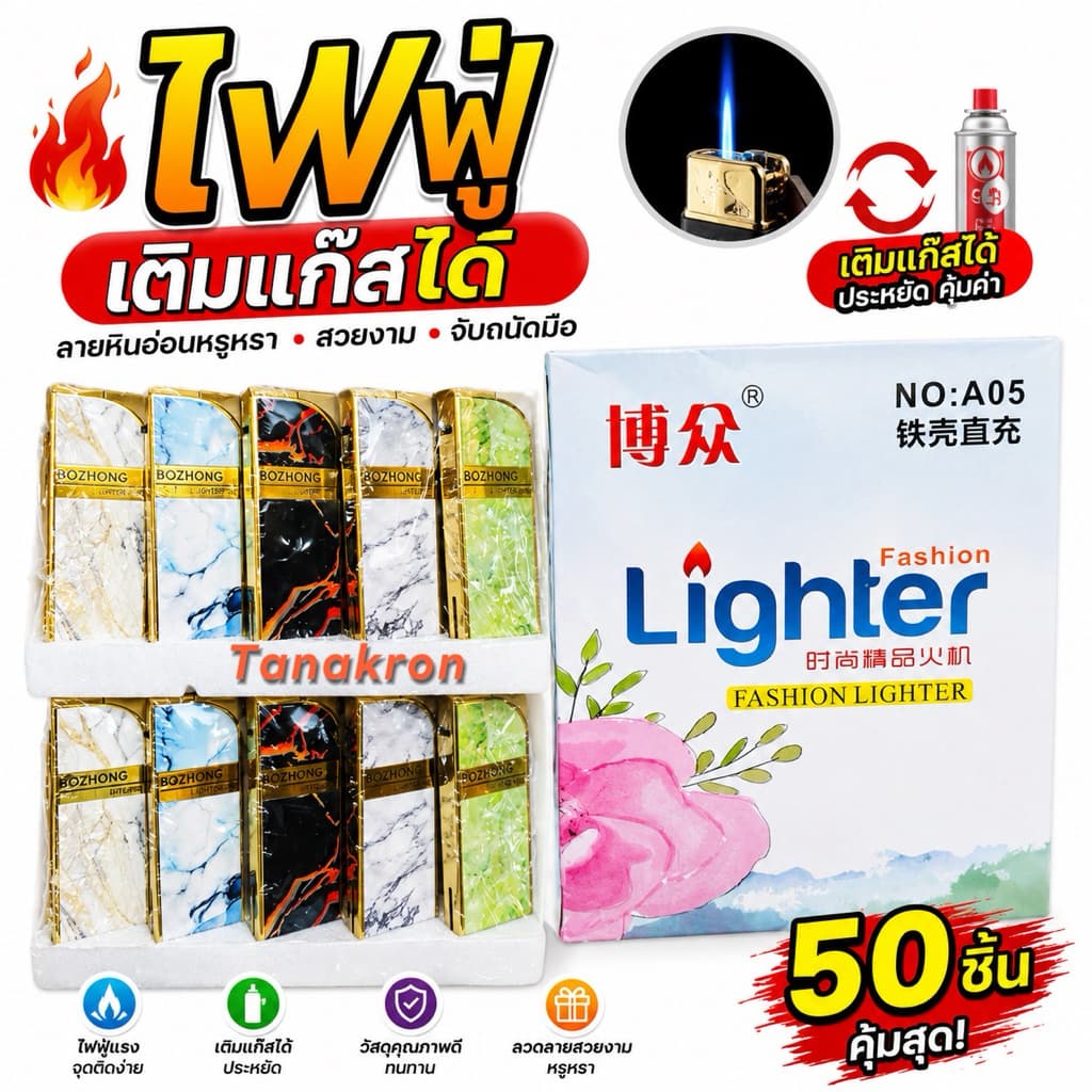 lighter ไฟฟู่ ลายใหม่ 25-50ชิ้น เติมแก๊สสได้ปรับได้ รูปที่ 1
