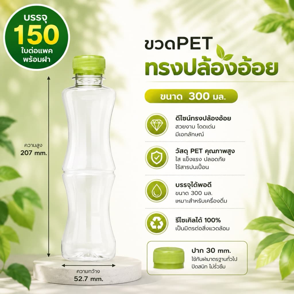 แพคใหญ่ ขวดพลาสติก PET ทรงปล้องอ้อย ปริมาตร 300 ml. รูปที่ 1