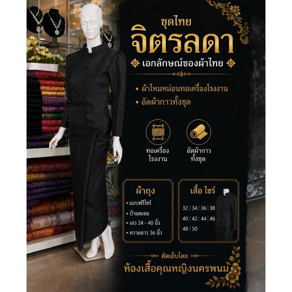 ชุดไทยจิตรลดา&ไทยเรือนต้น +ผ้าถุงฟรีไชร์ป้ายตะขอสีดำผ้าไหมหม่อนอัดผ้ากาวทั้งชุดงานสวยเย็บละเอียดมาก