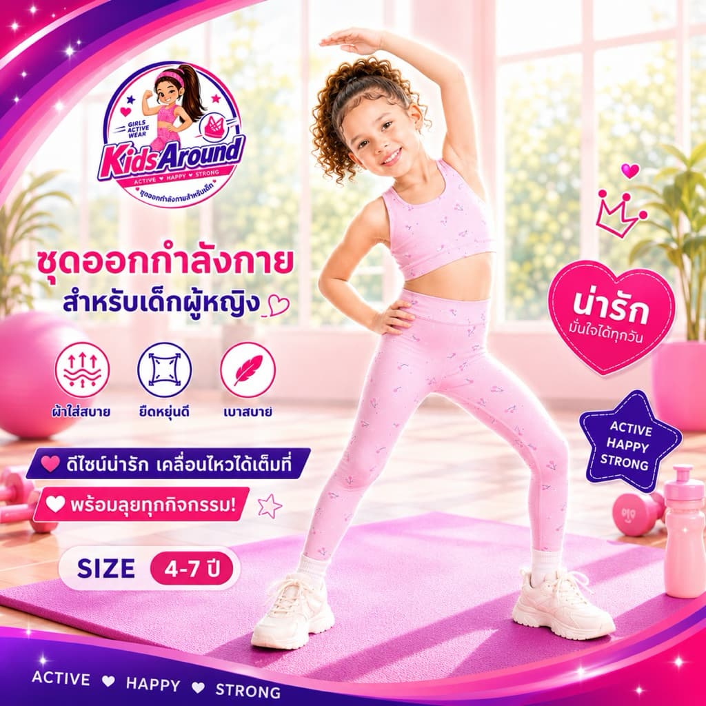 ชุดโยคะ ชุดกีฬา ชุดออกกำลังกาย ชุดกิจกรรม สำหรับเด็กเล็ก อายุ 4-7 ปี สีชมพูลายเชอรี่ เนื้อผ้าอย่างดี รูปที่ 2