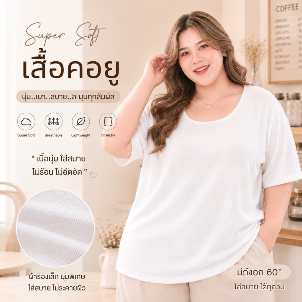 เสื้อคอยูผ้าร่องแขนสั้น เสื้อยืดไซส์ใหญ่ สาวอวบ เนื้อนุ่ม ใส่สบาย มี 3 ไซส์ ทั้งอวบเล็ก อวบใหญ่ A034/A035 รูปที่ 2